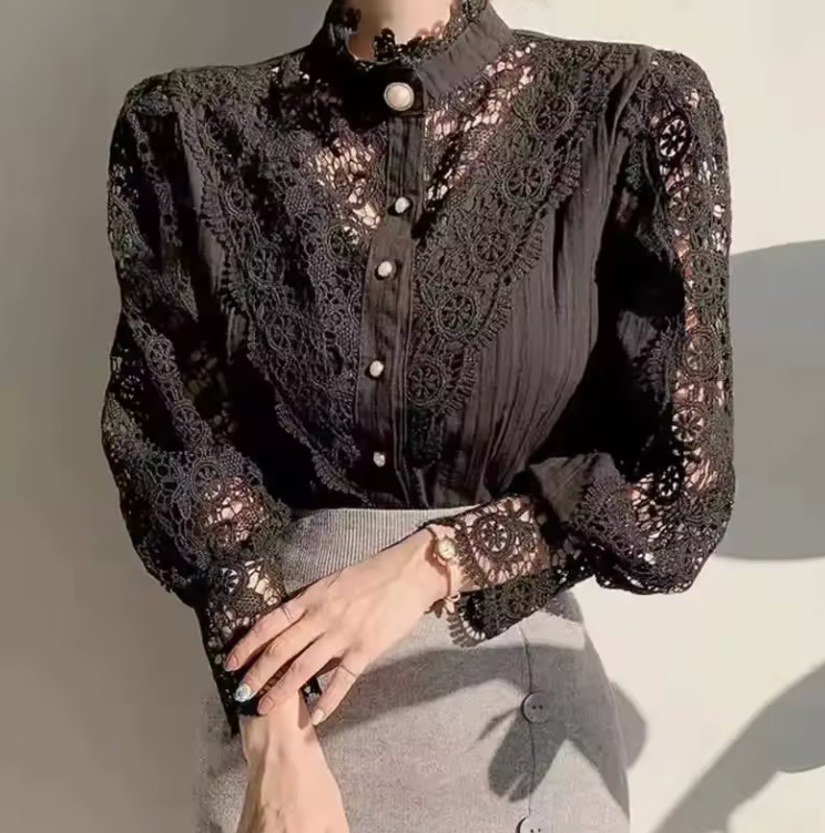 Elegant Women's Vintage Pearl Button Lace Blouse - Puff Sleeve Semi-Sheer Ruffled Stand Collar Shirt