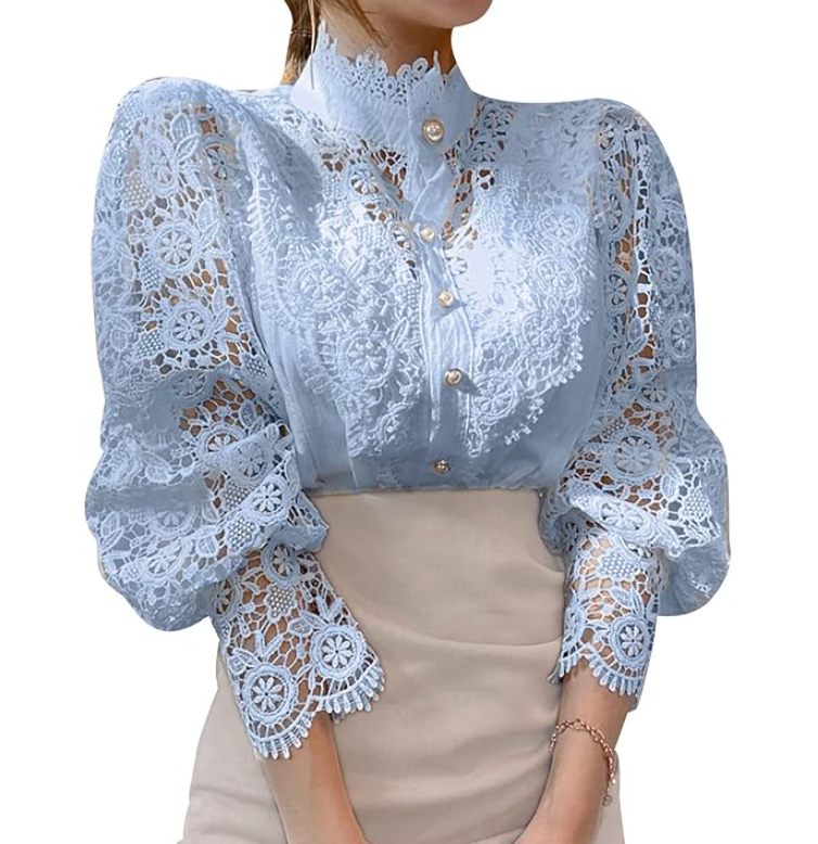 Elegant Women's Vintage Pearl Button Lace Blouse - Puff Sleeve Semi-Sheer Ruffled Stand Collar Shirt
