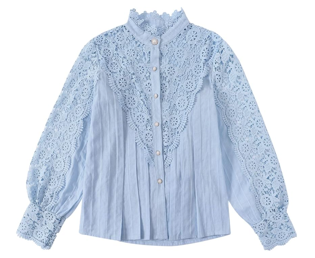 Elegant Women's Vintage Pearl Button Lace Blouse - Puff Sleeve Semi-Sheer Ruffled Stand Collar Shirt