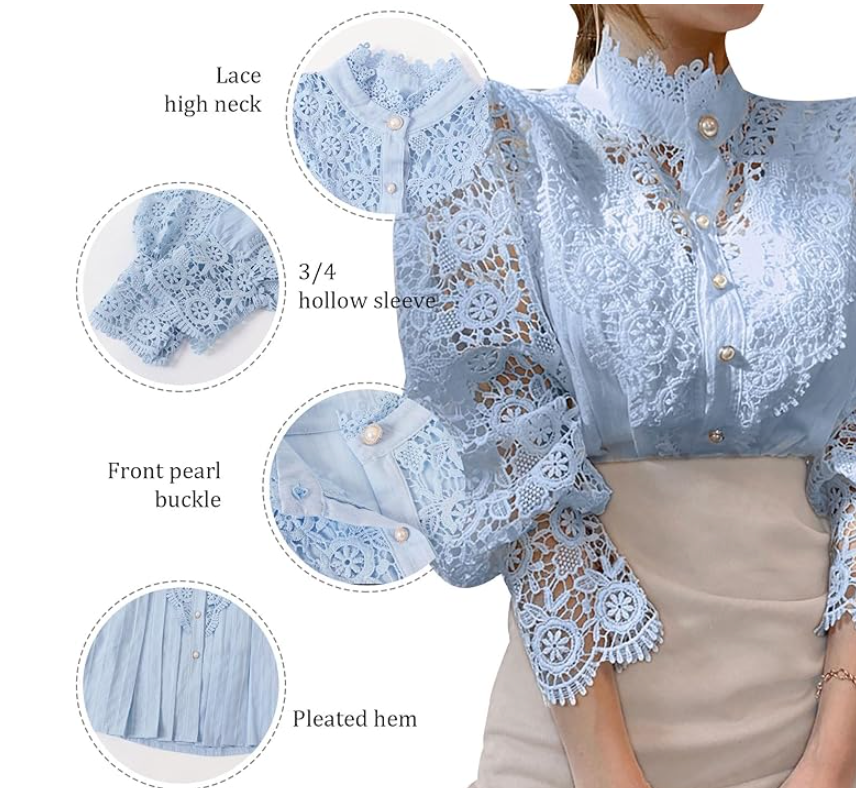 Elegant Women's Vintage Pearl Button Lace Blouse - Puff Sleeve Semi-Sheer Ruffled Stand Collar Shirt