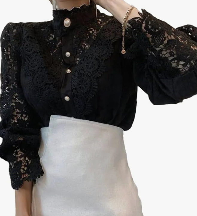 Elegant Women's Vintage Pearl Button Lace Blouse - Puff Sleeve Semi-Sheer Ruffled Stand Collar Shirt