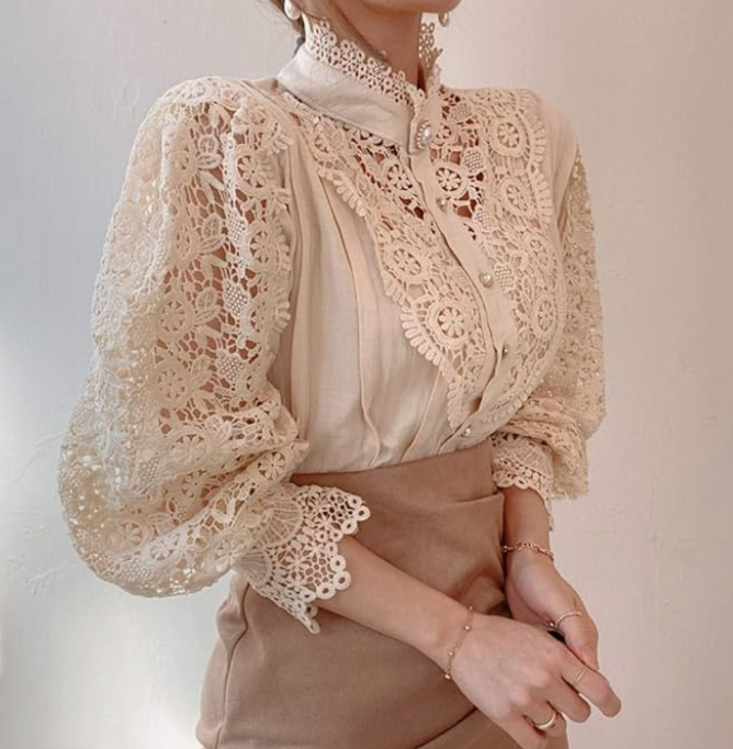 Elegant Women's Vintage Pearl Button Lace Blouse - Puff Sleeve Semi-Sheer Ruffled Stand Collar Shirt