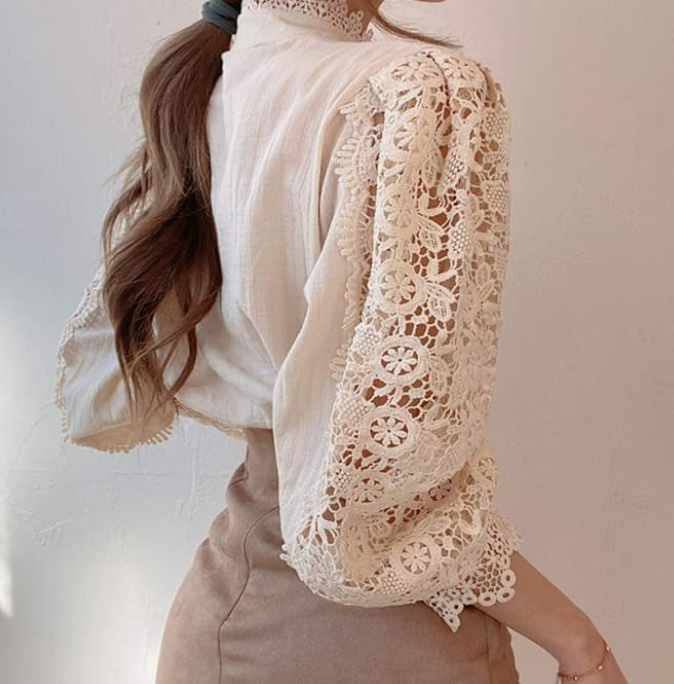 Elegant Women's Vintage Pearl Button Lace Blouse - Puff Sleeve Semi-Sheer Ruffled Stand Collar Shirt