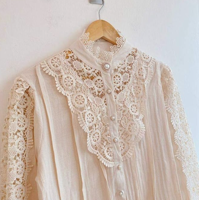 Elegant Women's Vintage Pearl Button Lace Blouse - Puff Sleeve Semi-Sheer Ruffled Stand Collar Shirt