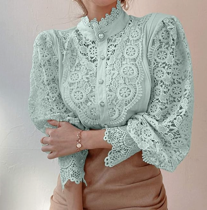 Elegant Women's Vintage Pearl Button Lace Blouse - Puff Sleeve Semi-Sheer Ruffled Stand Collar Shirt