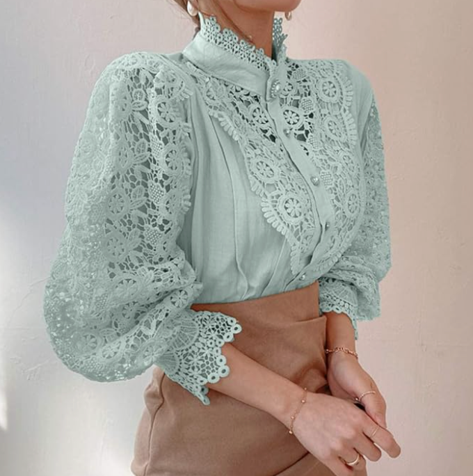 Elegant Women's Vintage Pearl Button Lace Blouse - Puff Sleeve Semi-Sheer Ruffled Stand Collar Shirt