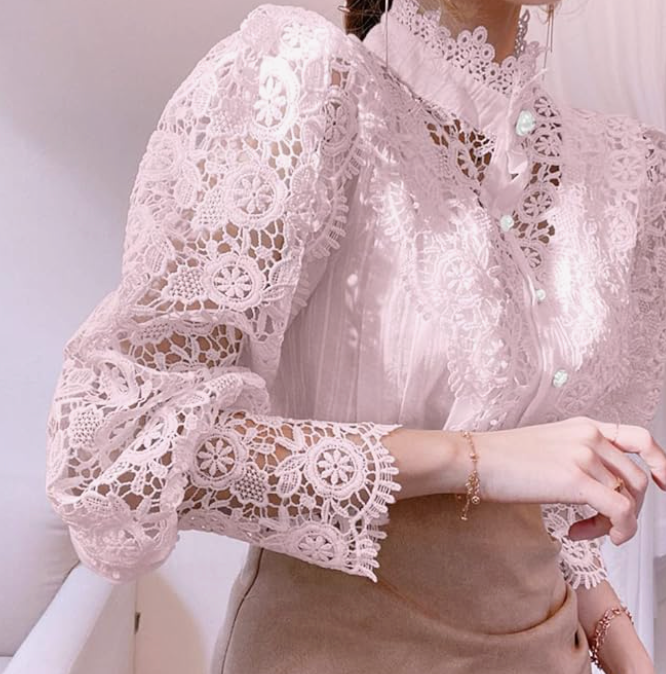 Elegant Women's Vintage Pearl Button Lace Blouse - Puff Sleeve Semi-Sheer Ruffled Stand Collar Shirt