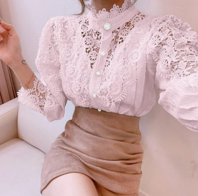 Elegant Women's Vintage Pearl Button Lace Blouse - Puff Sleeve Semi-Sheer Ruffled Stand Collar Shirt