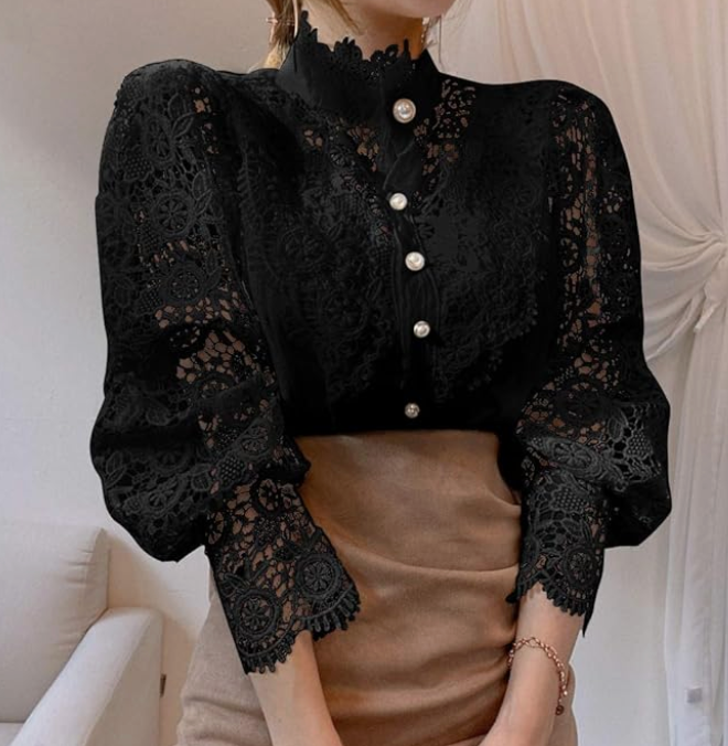 Elegant Women's Vintage Pearl Button Lace Blouse - Puff Sleeve Semi-Sheer Ruffled Stand Collar Shirt