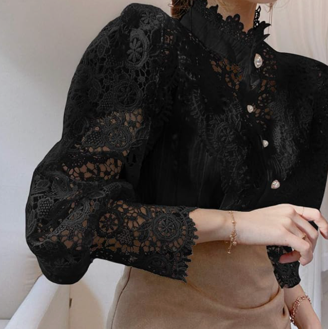 Elegant Women's Vintage Pearl Button Lace Blouse - Puff Sleeve Semi-Sheer Ruffled Stand Collar Shirt