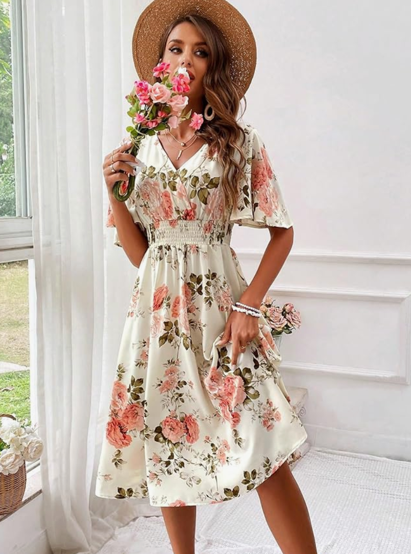Women's Floral Summer Midi Dress, V-Neck, Empire Waist, Ruffle Short Sleeves