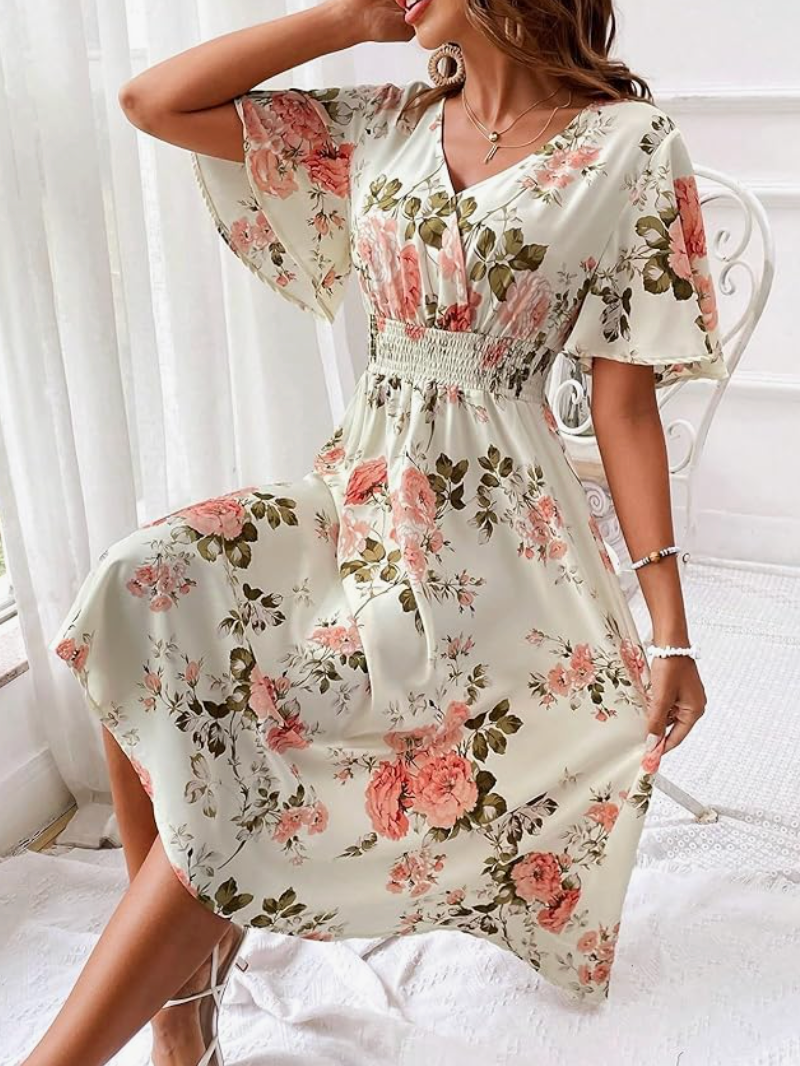 Women's Floral Summer Midi Dress, V-Neck, Empire Waist, Ruffle Short Sleeves