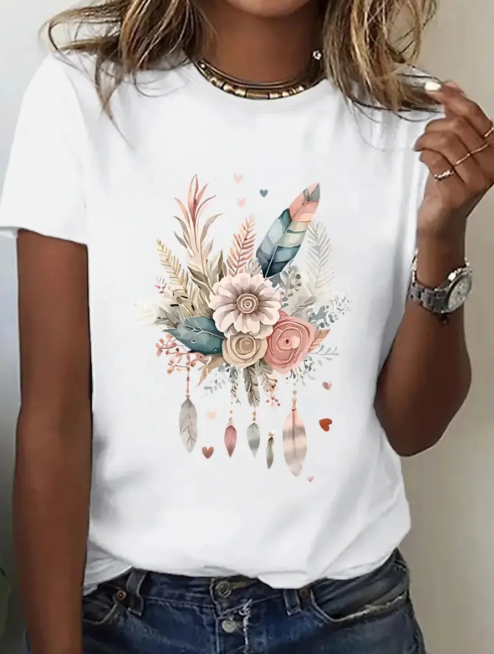 Women's Floral & Leaf Print Round Neck Tee - Summer Casual Basic T-Shirt