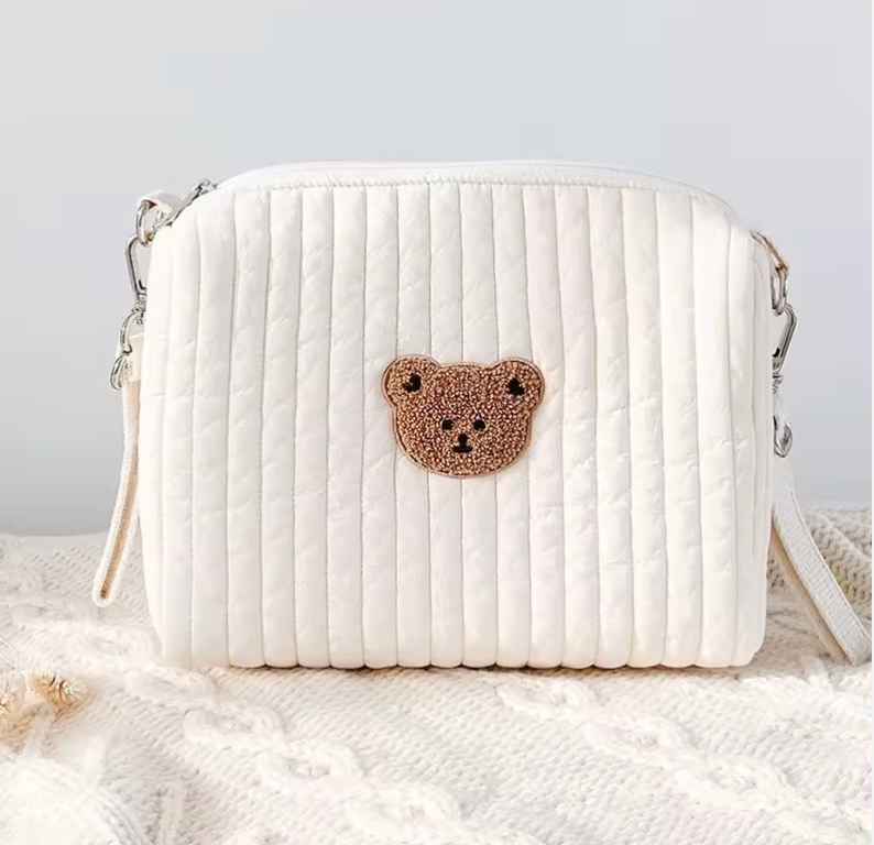 Single Bear Cotton Portable Diaper Bag Zipper Embroidery Organizer Stroller Bags 8x6x3.5 in