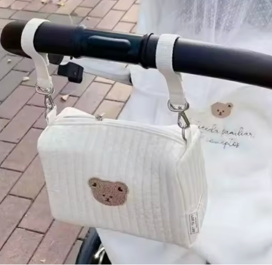 Single Bear Cotton Portable Diaper Bag Zipper Embroidery Organizer Stroller Bags 8x6x3.5 in