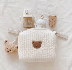Single Bear Cotton Portable Diaper Bag Zipper Embroidery Organizer Stroller Bags 8x6x3.5 in