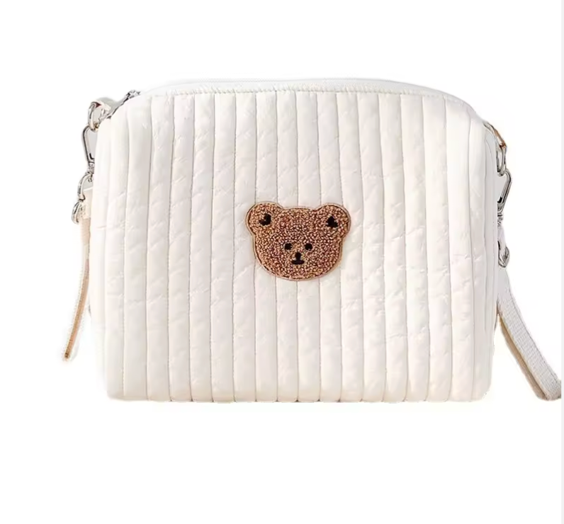 Single Bear Cotton Portable Diaper Bag Zipper Embroidery Organizer Stroller Bags 8x6x3.5 in
