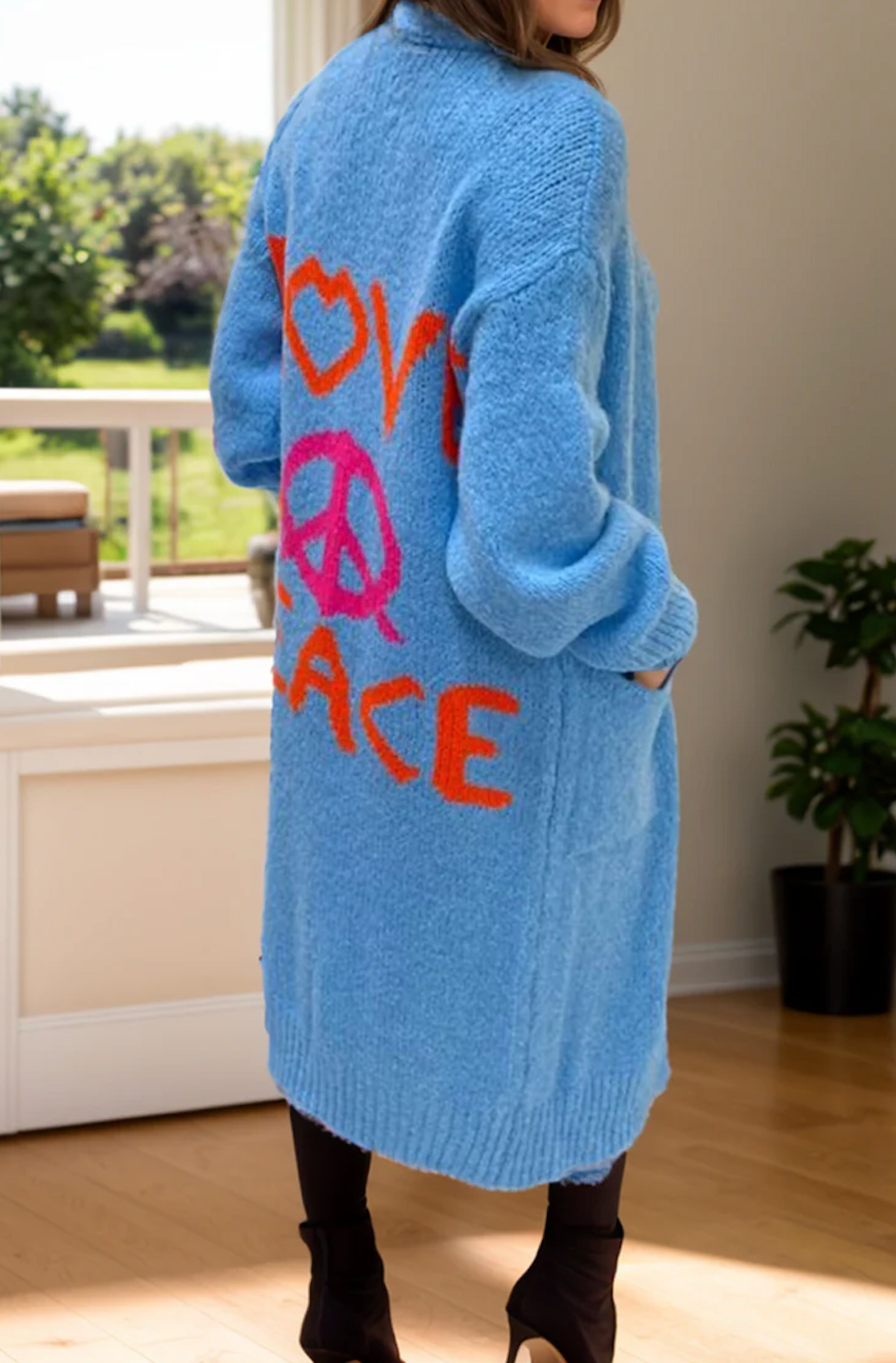 Women's Love Peace Graphic Oversized Cardigan Long Sleeve