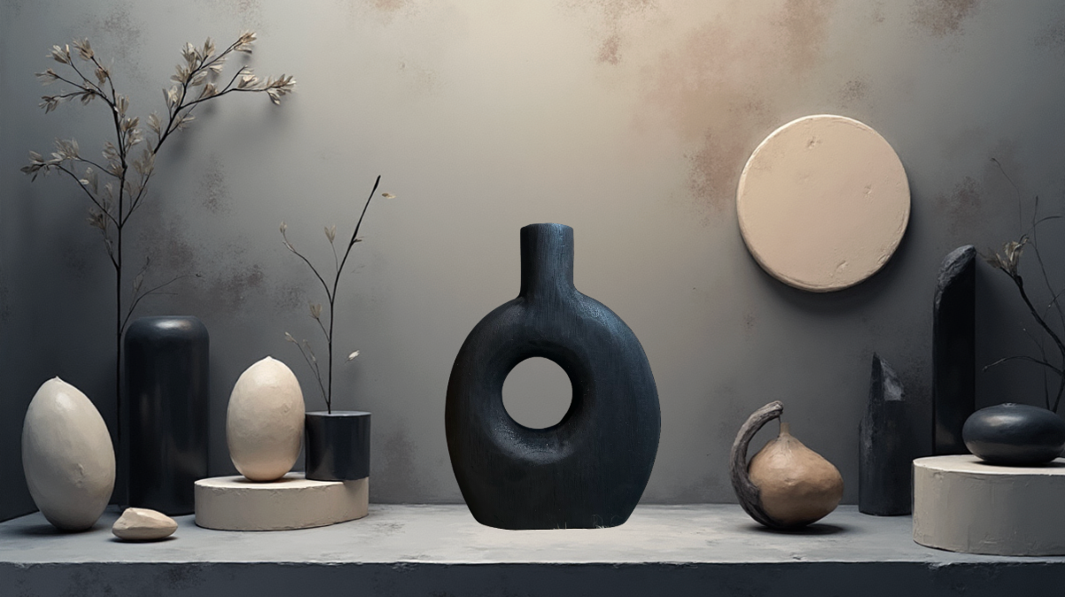 Handcrafted Black Paulownia Wood Decorative Vase, Modern Minimalist Design, Sculptural Art Piece