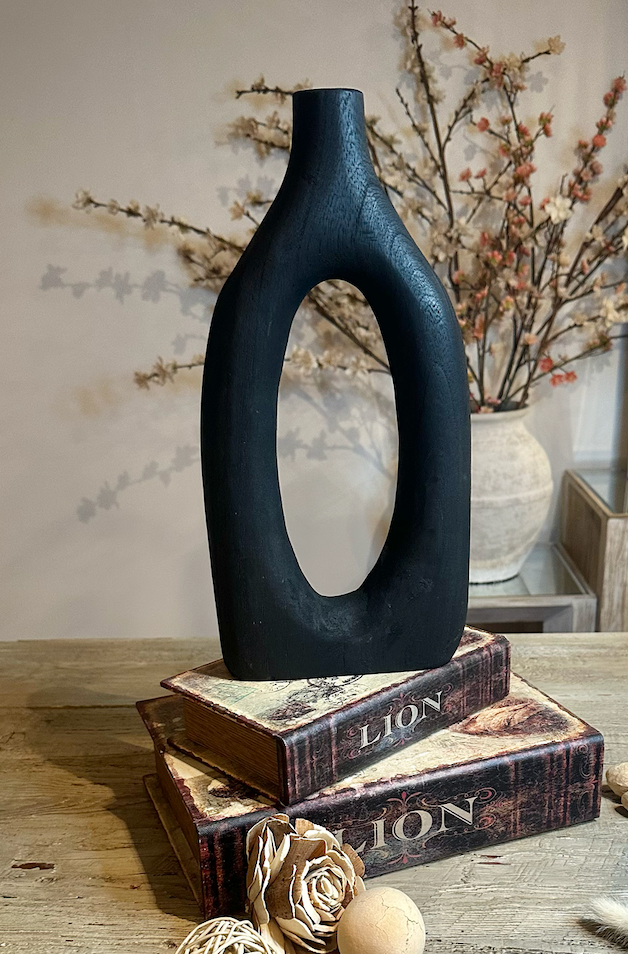 Handcrafted Black Paulownia Wood Decorative Vase, Modern Minimalist Design, Sculptural Art Piece