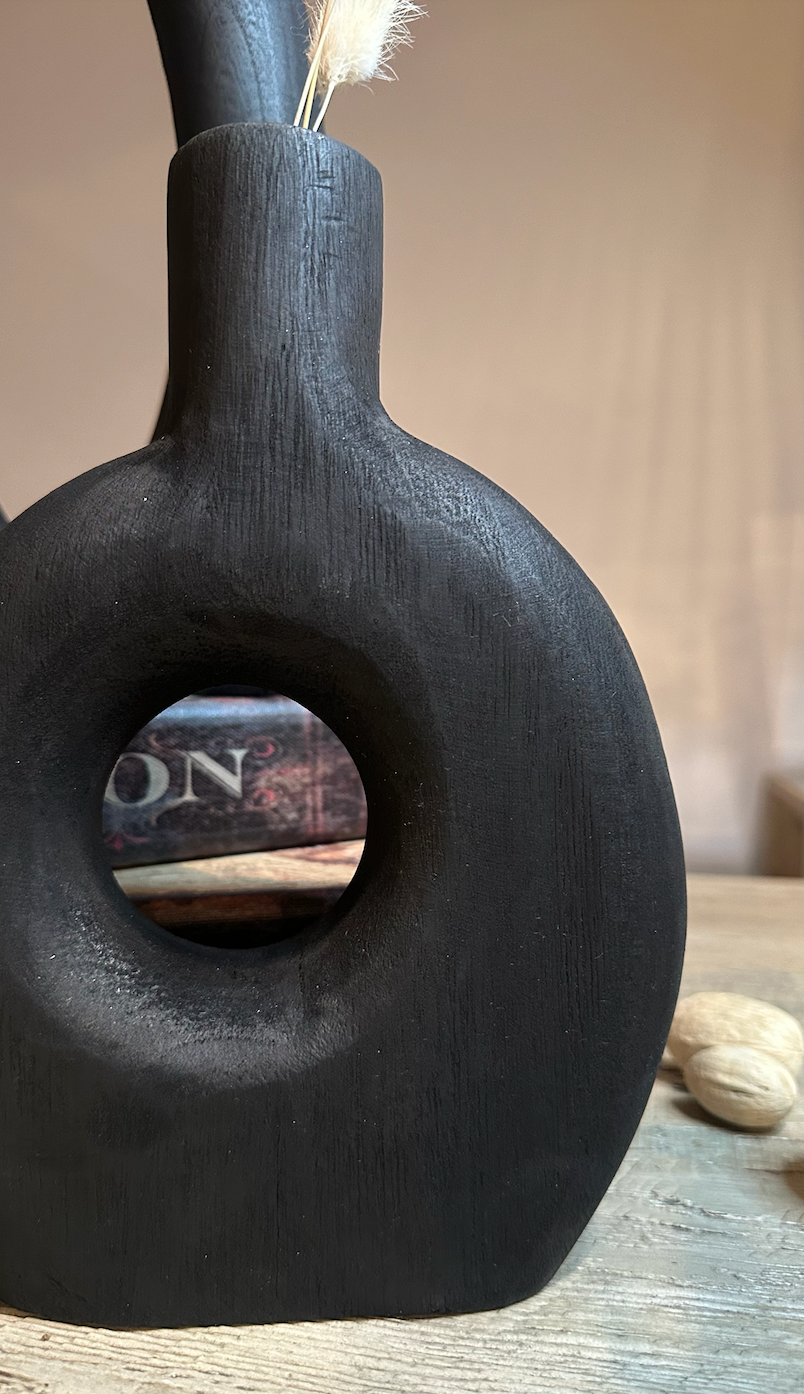 Handcrafted Black Paulownia Wood Decorative Vase, Modern Minimalist Design, Sculptural Art Piece