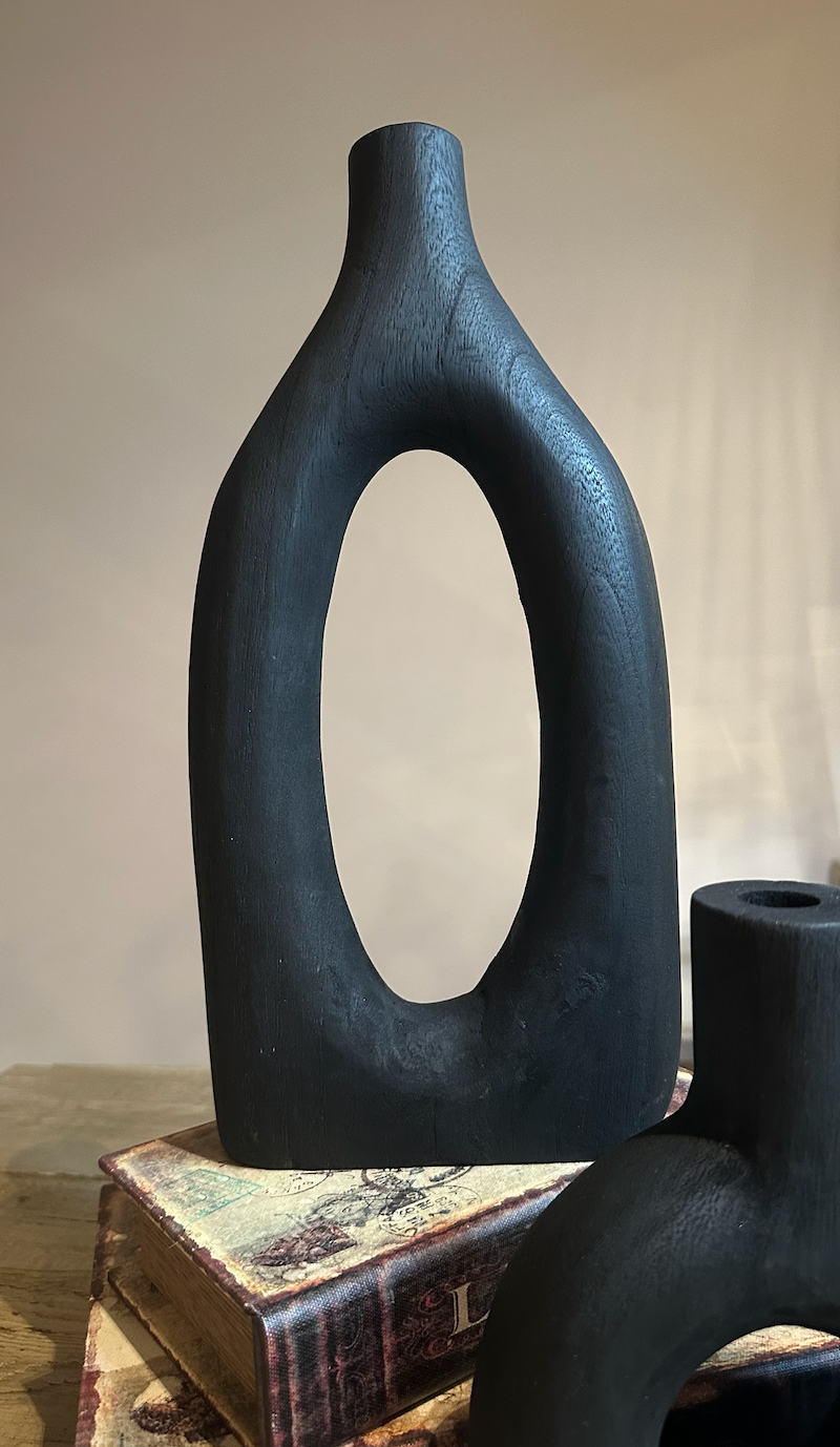 Handcrafted Black Paulownia Wood Decorative Vase, Modern Minimalist Design, Sculptural Art Piece