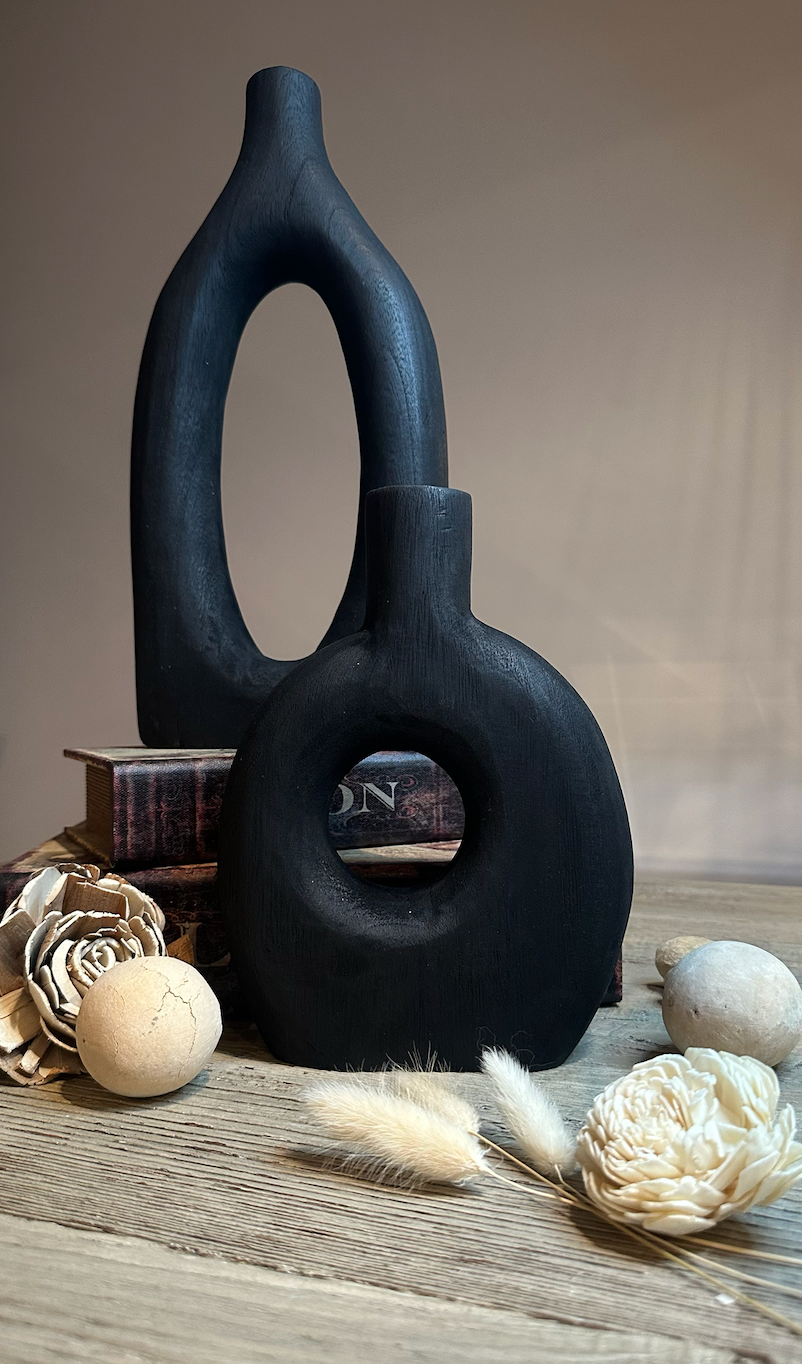 Handcrafted Black Paulownia Wood Decorative Vase, Modern Minimalist Design, Sculptural Art Piece