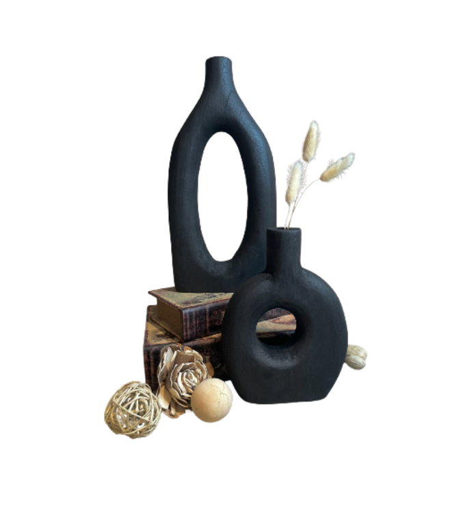 Handcrafted Black Paulownia Wood Decorative Vase, Modern Minimalist Design, Sculptural Art Piece