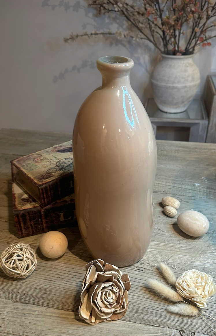 Contemporary Spanish Handcrafted Decorative Glass Vase, Tan, Modern Cylindrical Design 14"