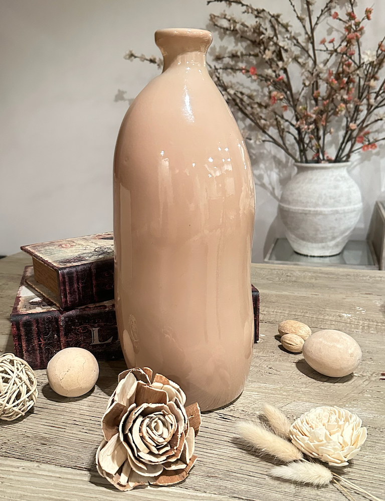 Contemporary Spanish Handcrafted Decorative Glass Vase, Tan, Modern Cylindrical Design 14"