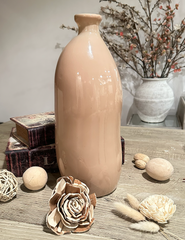 Contemporary Spanish Handcrafted Decorative Glass Vase, Tan, Modern Cylindrical Design 14"