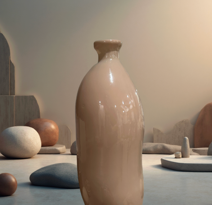 Contemporary Spanish Handcrafted Decorative Glass Vase, Tan, Modern Cylindrical Design 14"