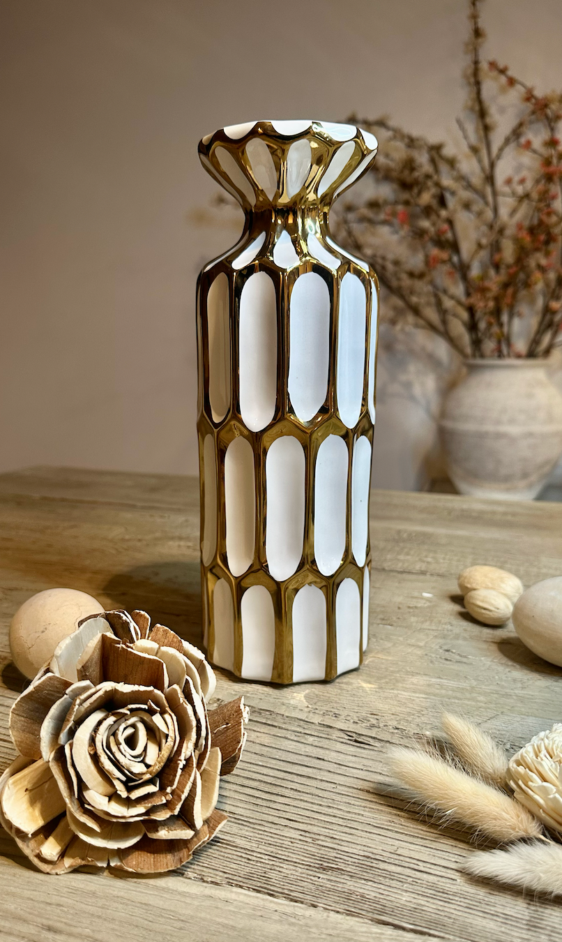 Set of 2 - Candle Holder White and Gold 11" with Ball Gold and White 5.5"
