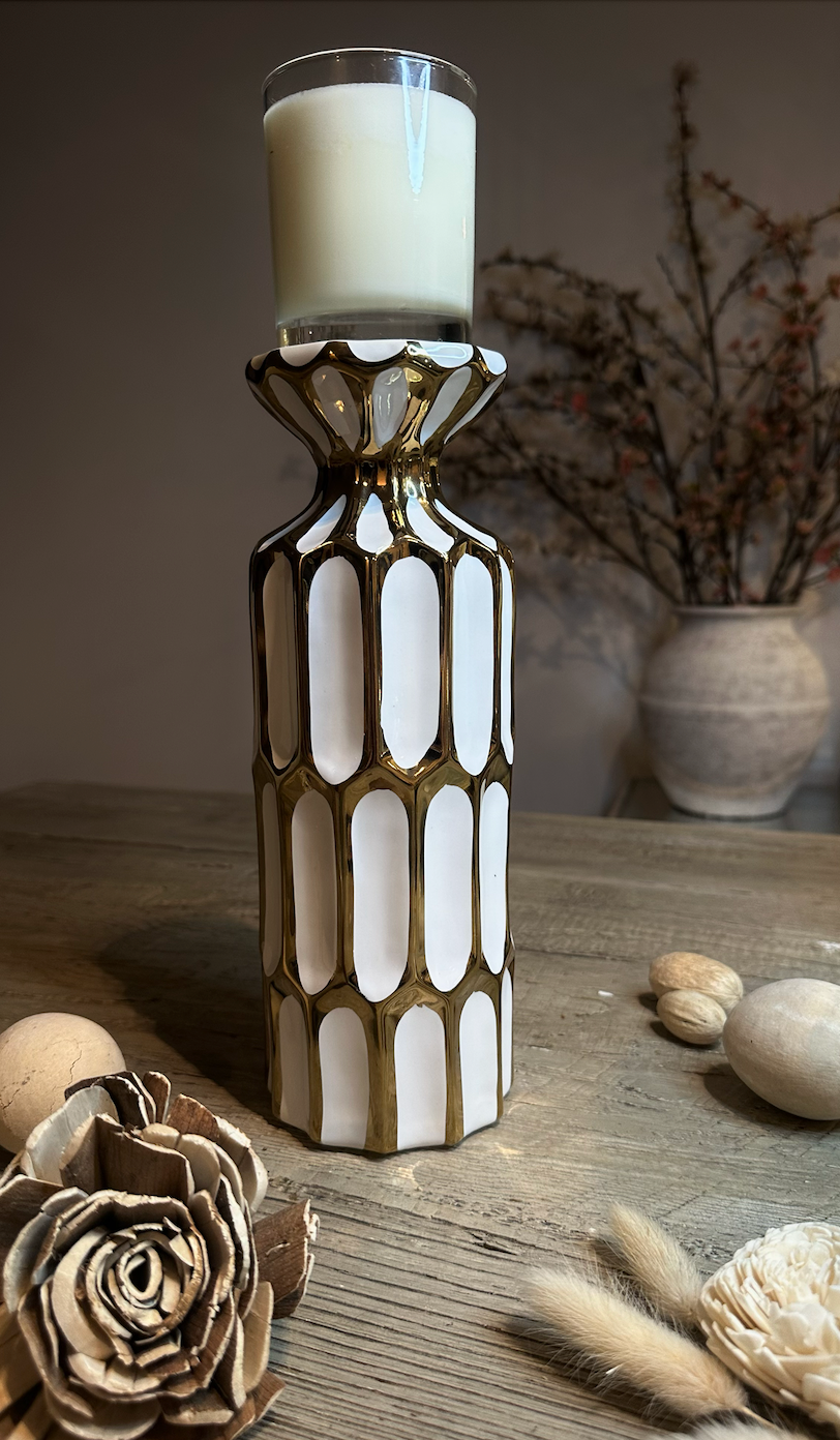 Set of 2 - Candle Holder White and Gold 11" with Ball Gold and White 5.5"