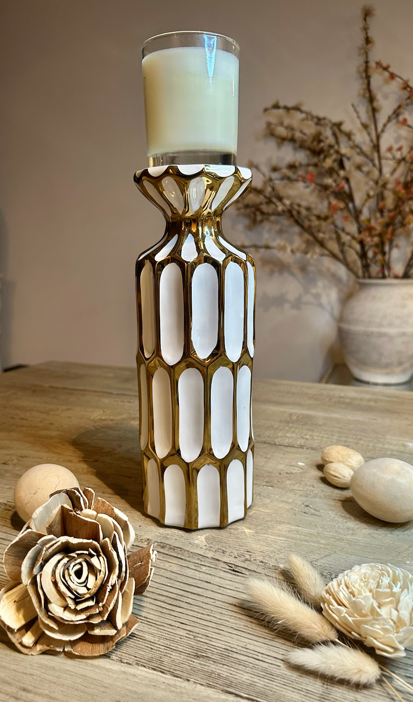 Set of 2 - Candle Holder White and Gold 11" with Ball Gold and White 5.5"