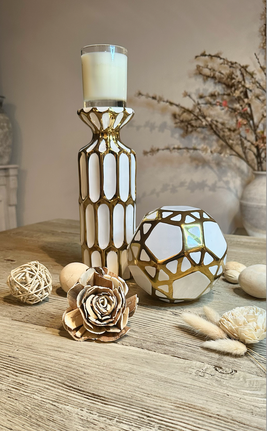 Set of 2 - Candle Holder White and Gold 11" with Ball Gold and White 5.5"