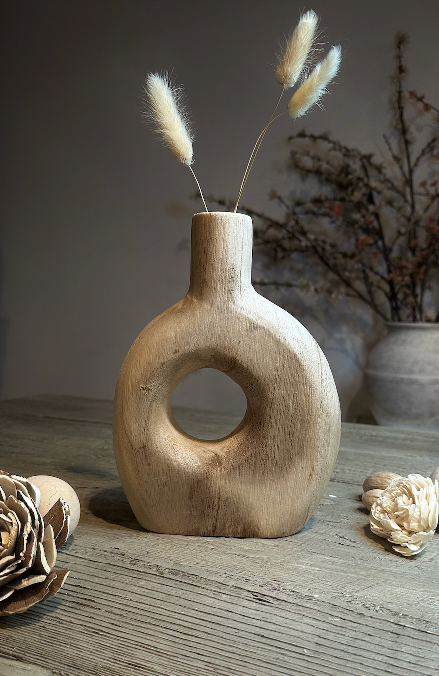 Modern Decorative Paulownia Wood Vase, Donut Shape Design, 9 Inch, Boho Style Home Decor