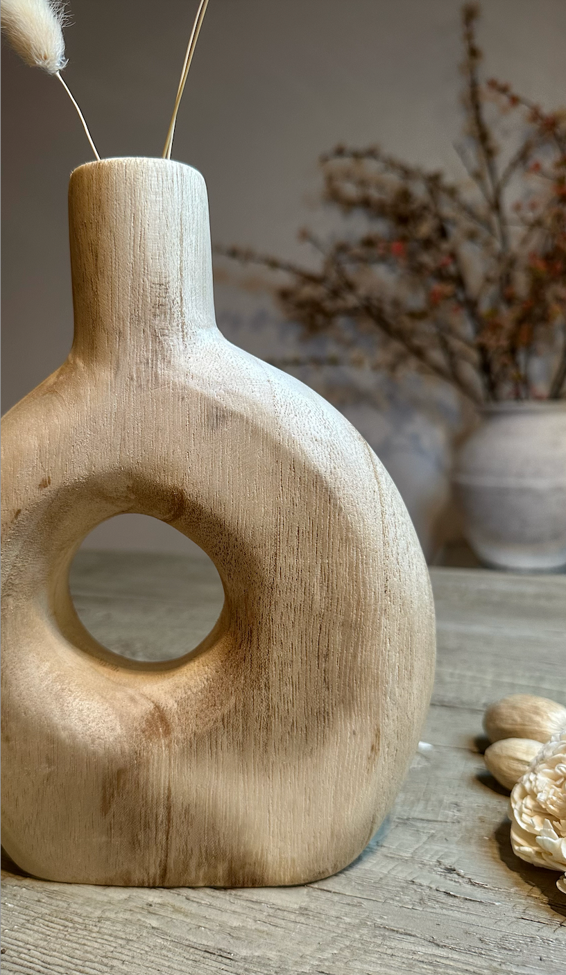 Modern Decorative Paulownia Wood Vase, Donut Shape Design, 9 Inch, Boho Style Home Decor