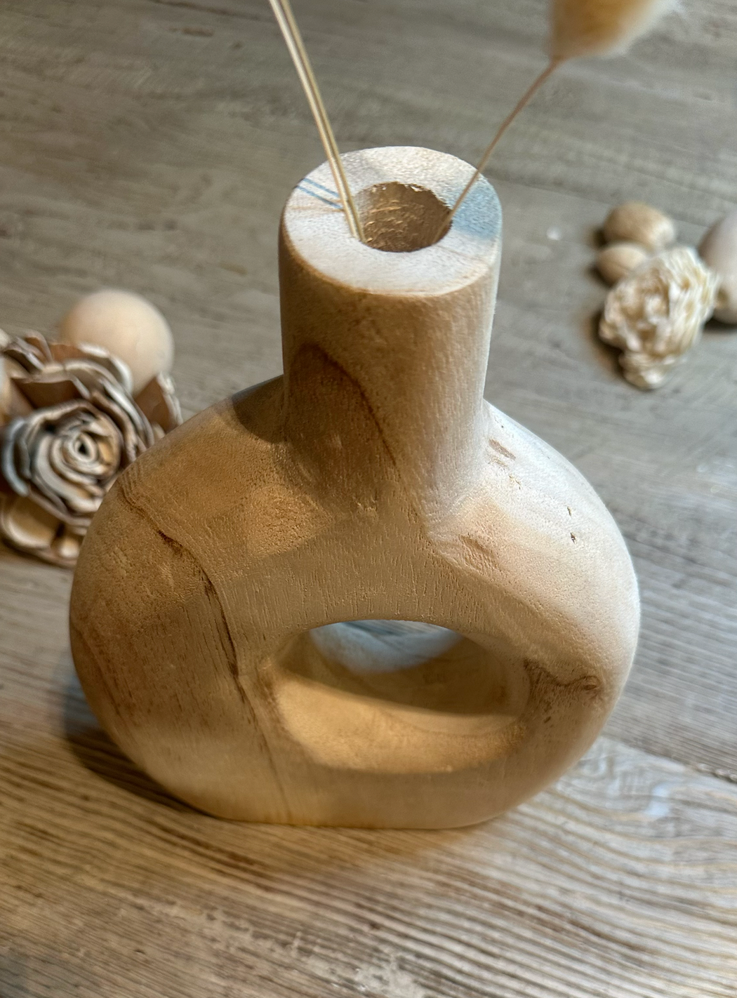 Modern Decorative Paulownia Wood Vase, Donut Shape Design, 9 Inch, Boho Style Home Decor