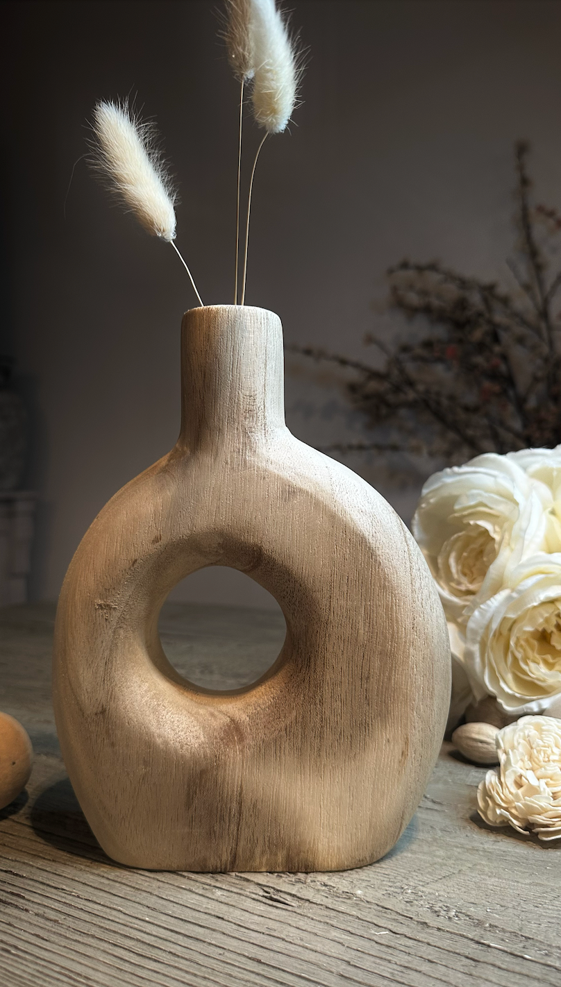 Modern Decorative Paulownia Wood Vase, Donut Shape Design, 9 Inch, Boho Style Home Decor