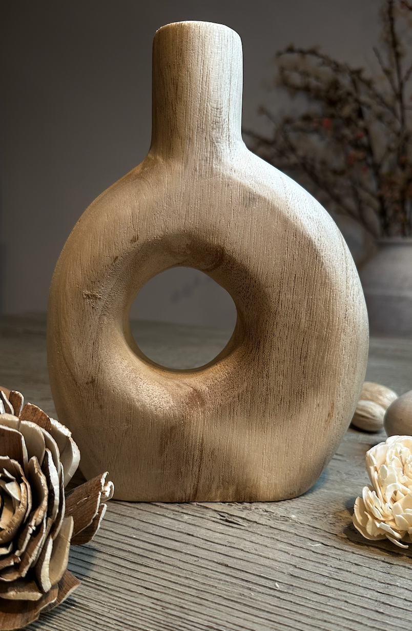 Modern Decorative Paulownia Wood Vase, Donut Shape Design, 9 Inch, Boho Style Home Decor