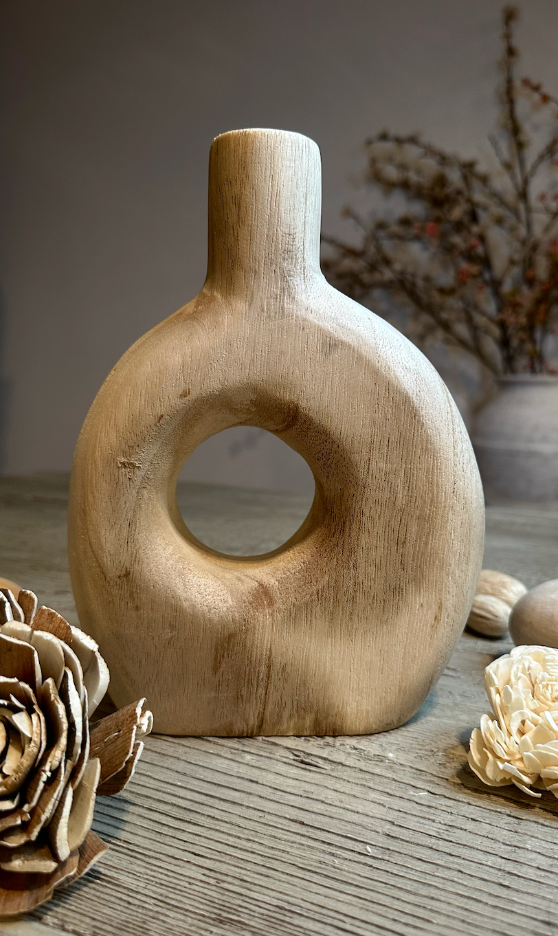 Modern Decorative Paulownia Wood Vase, Donut Shape Design, 9 Inch, Boho Style Home Decor