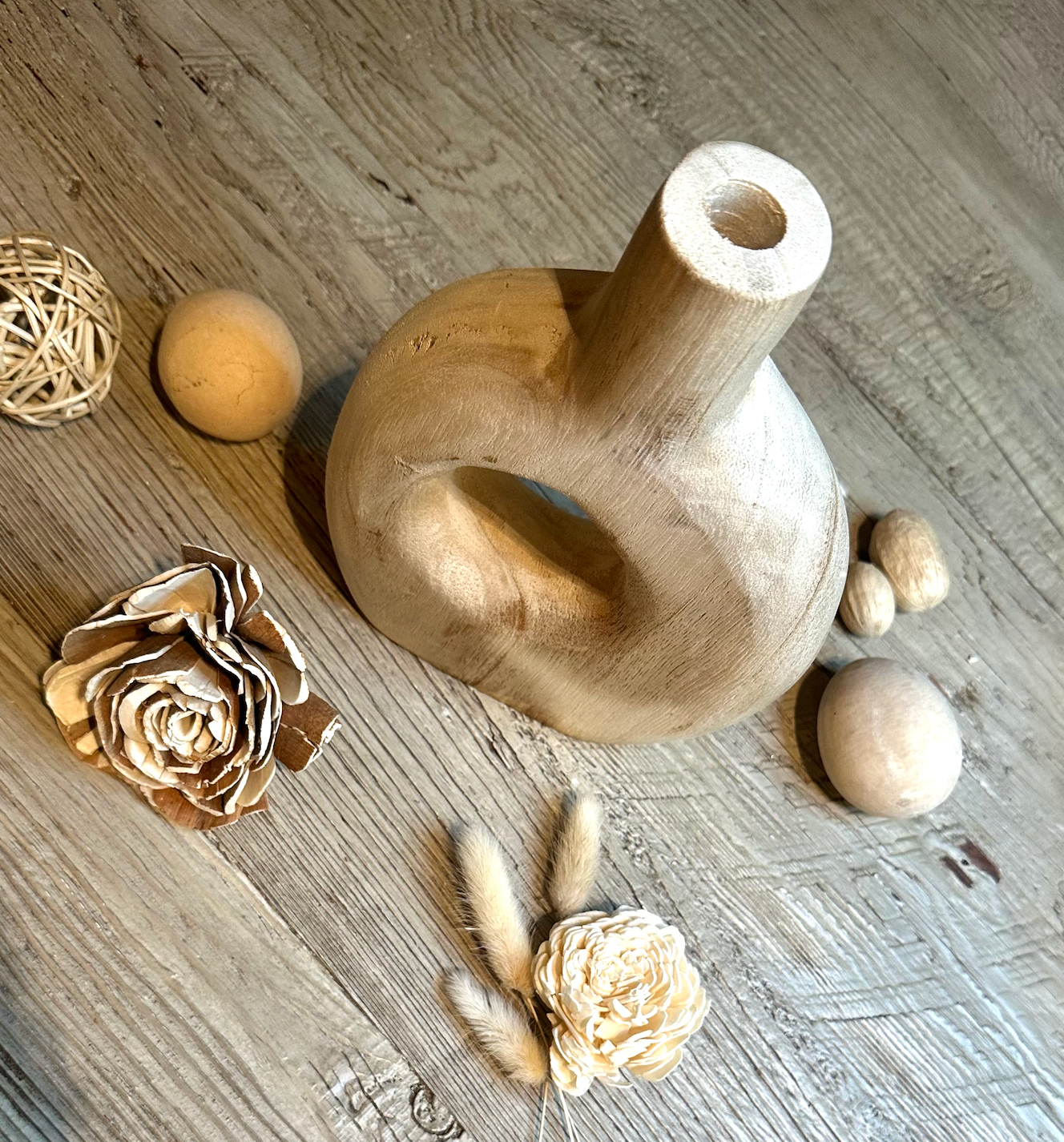 Modern Decorative Paulownia Wood Vase, Donut Shape Design, 9 Inch, Boho Style Home Decor