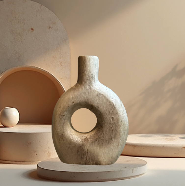 Modern Decorative Paulownia Wood Vase, Donut Shape Design, 9 Inch, Boho Style Home Decor