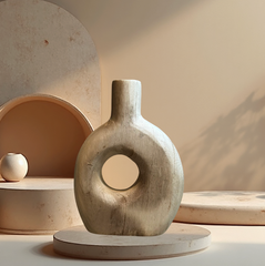 Modern Decorative Paulownia Wood Vase, Donut Shape Design, 9 Inch, Boho Style Home Decor