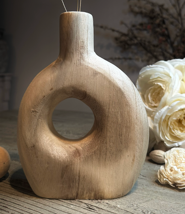 Modern Decorative Paulownia Wood Vase, Donut Shape Design, 9 Inch, Boho Style Home Decor