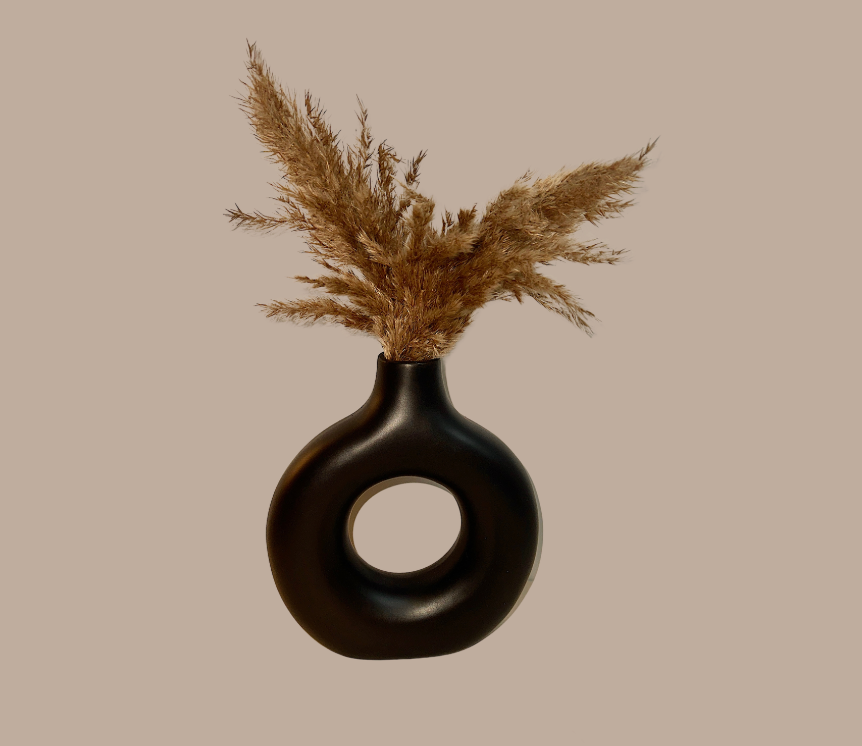 Traditional Chinese Ceramic Vase, Black Matte Donut Shape Minimalist Design 9" tall