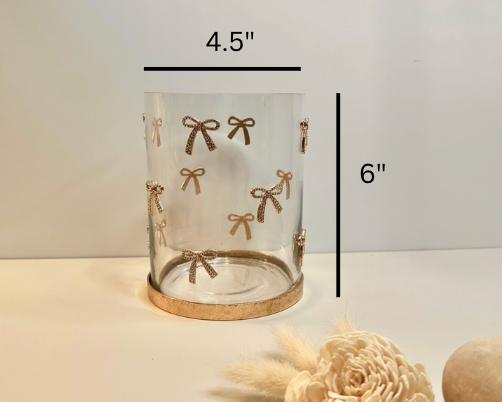 Decorative Glass Hurricane Candle Holder with Gold and Rhinestones Bow Pattern, Clear Cylinder with Metallic Base, 6" tall