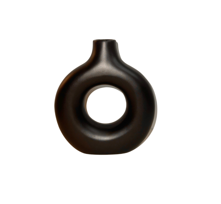 Traditional Chinese Ceramic Vase, Black Matte Donut Shape Minimalist Design 9" tall