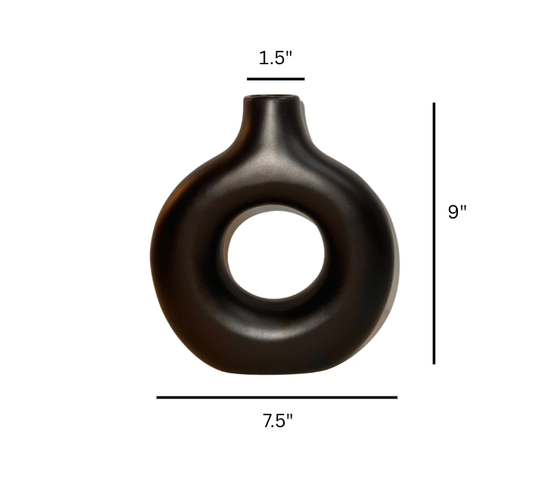 Traditional Chinese Ceramic Vase, Black Matte Donut Shape Minimalist Design 9" tall